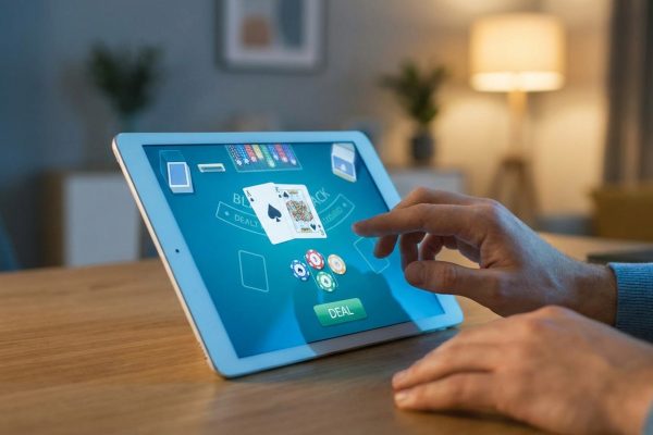 Une personne joue au blackjack sur tablette. L'écran affiche une main d'as et de roi, ainsi que des jetons.