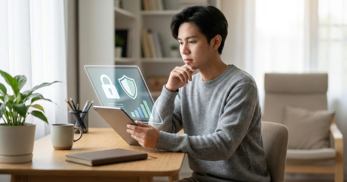 Jeune homme pensif devant sa tablette, visualisant des hologrammes de sécurité numérique (cadenas, bouclier). Il explore la sûreté des casinos en ligne.
