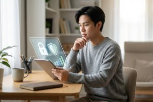 Jeune homme pensif devant sa tablette, visualisant des hologrammes de sécurité numérique (cadenas, bouclier). Il explore la sûreté des casinos en ligne.
