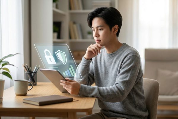 Jeune homme pensif devant sa tablette, visualisant des hologrammes de sécurité numérique (cadenas, bouclier). Il explore la sûreté des casinos en ligne.