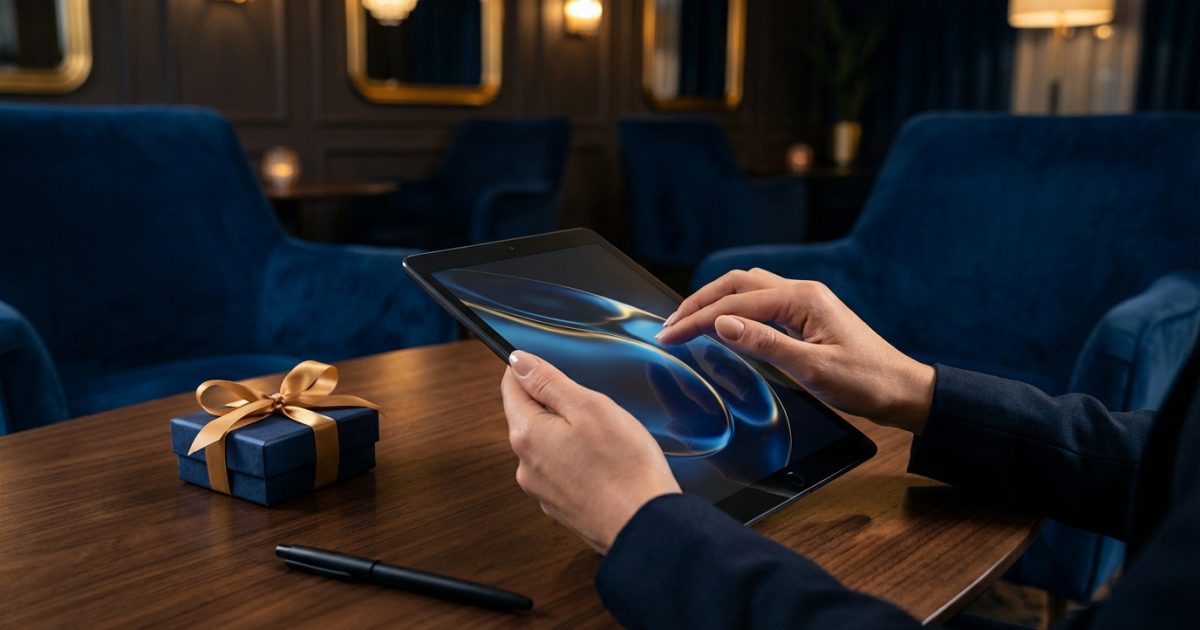 Mains utilisant une tablette dans un salon VIP luxueux. L'écran affiche un design abstrait bleu et or. Une boîte cadeau et un stylo sont sur la table.