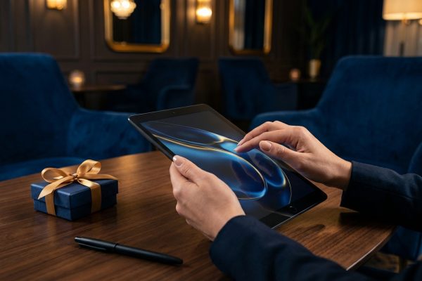 Mains utilisant une tablette dans un salon VIP luxueux. L'écran affiche un design abstrait bleu et or. Une boîte cadeau et un stylo sont sur la table.