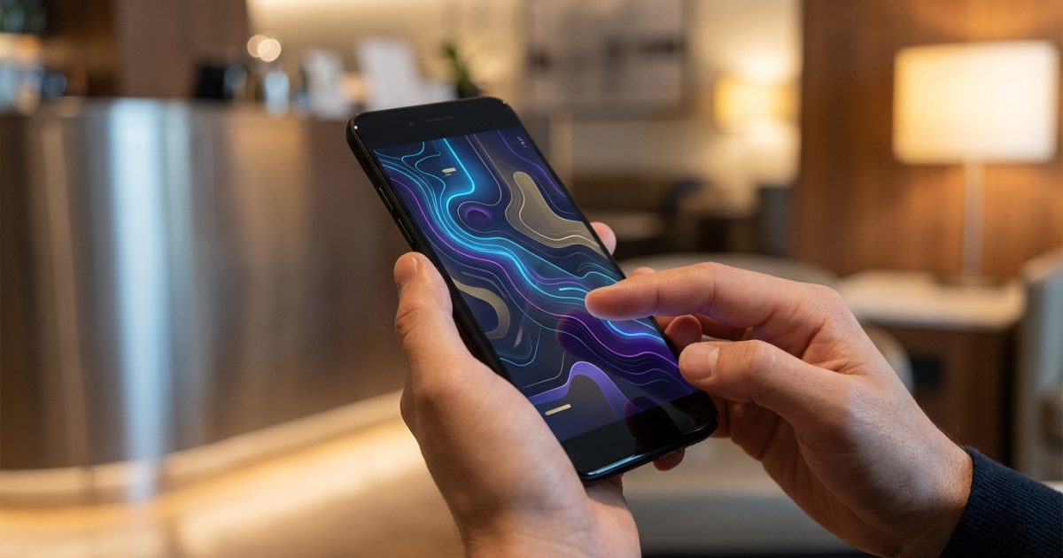 Mains d'une personne tenant un smartphone noir, le pouce interagissant avec un écran affichant des motifs abstraits et lumineux. Arrière-plan flou.