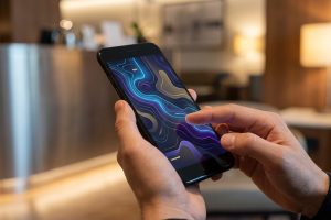 Mains d'une personne tenant un smartphone noir, le pouce interagissant avec un écran affichant des motifs abstraits et lumineux. Arrière-plan flou.