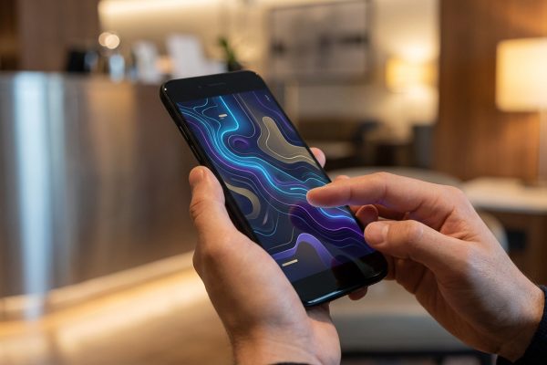 Mains d'une personne tenant un smartphone noir, le pouce interagissant avec un écran affichant des motifs abstraits et lumineux. Arrière-plan flou.