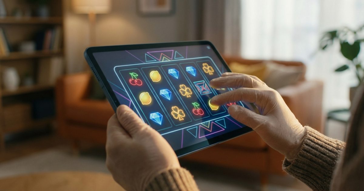 Mains interagissant avec une tablette affichant une machine à sous numérique colorée. L'action se déroule dans un salon chaleureux.