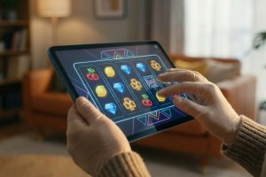 Mains interagissant avec une tablette affichant une machine à sous numérique colorée. L'action se déroule dans un salon chaleureux.