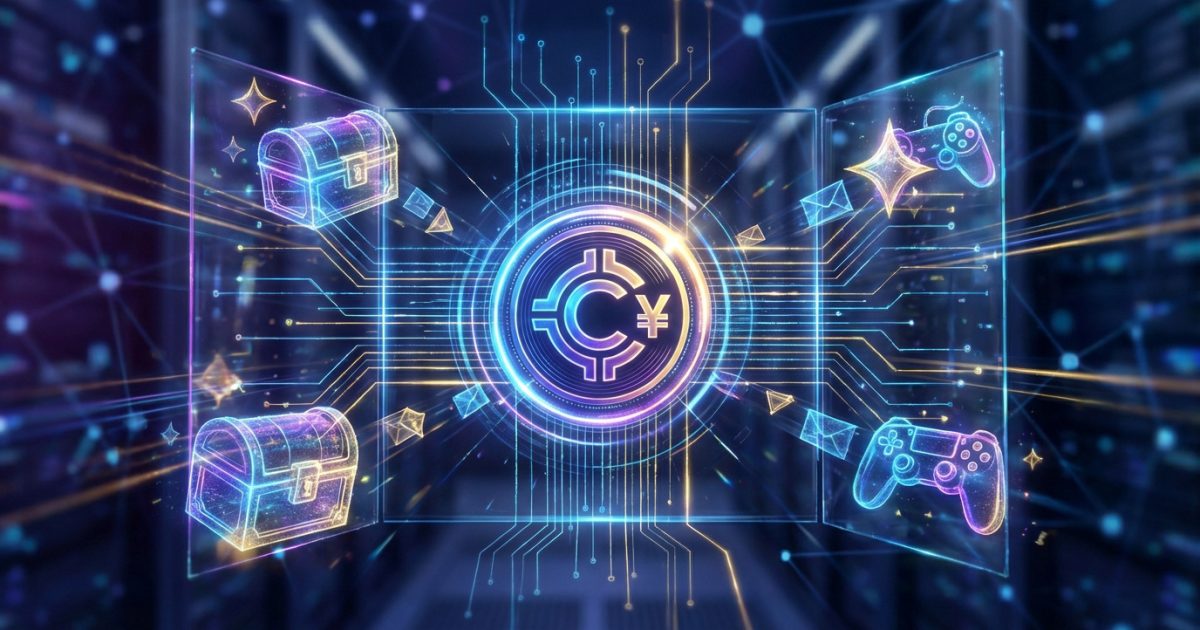 Image numérique vibrante avec un symbole crypto C¥ au centre, flanqué de coffres au trésor et de manettes de jeu.