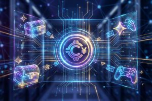 Image numérique vibrante avec un symbole crypto C¥ au centre, flanqué de coffres au trésor et de manettes de jeu.