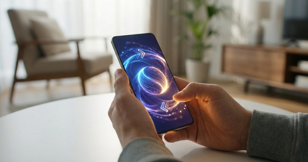 Mains utilisant un smartphone. L'écran lumineux affiche un motif abstrait bleu/orange avec des flèches, dans un intérieur moderne.