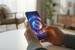 Mains utilisant un smartphone. L'écran lumineux affiche un motif abstrait bleu/orange avec des flèches, dans un intérieur moderne.