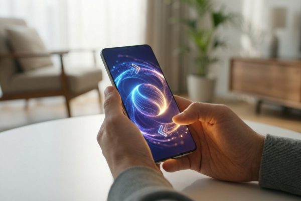 Mains utilisant un smartphone. L'écran lumineux affiche un motif abstrait bleu/orange avec des flèches, dans un intérieur moderne.