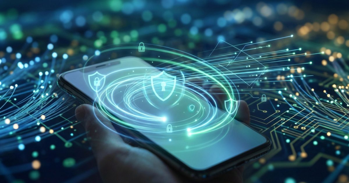 Une main tient un smartphone d'où émanent des cercles lumineux avec des icônes de bouclier et cadenas, sur fond de circuit imprimé et points lumineux. Symbole de sécurité numérique.