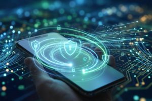 Une main tient un smartphone d'où émanent des cercles lumineux avec des icônes de bouclier et cadenas, sur fond de circuit imprimé et points lumineux. Symbole de sécurité numérique.
