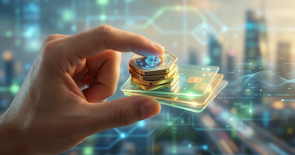 Une main tient une pile de jetons Ethereum dorés sur des cartes bancaires transparentes, fond numérique futuriste.