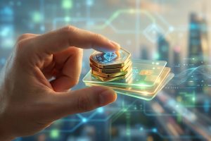 Une main tient une pile de jetons Ethereum dorés sur des cartes bancaires transparentes, fond numérique futuriste.