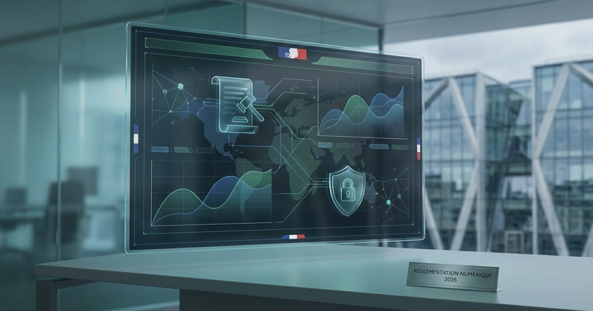Écran transparent avec icônes de loi et sécurité, carte, graphiques, drapeau français. Plaque 'RÉGLEMENTATION NUMÉRIQUE 2026' sur un bureau moderne.