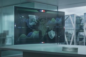 Écran transparent avec icônes de loi et sécurité, carte, graphiques, drapeau français. Plaque 'RÉGLEMENTATION NUMÉRIQUE 2026' sur un bureau moderne.