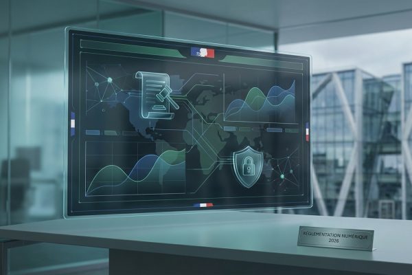 Écran transparent avec icônes de loi et sécurité, carte, graphiques, drapeau français. Plaque 'RÉGLEMENTATION NUMÉRIQUE 2026' sur un bureau moderne.