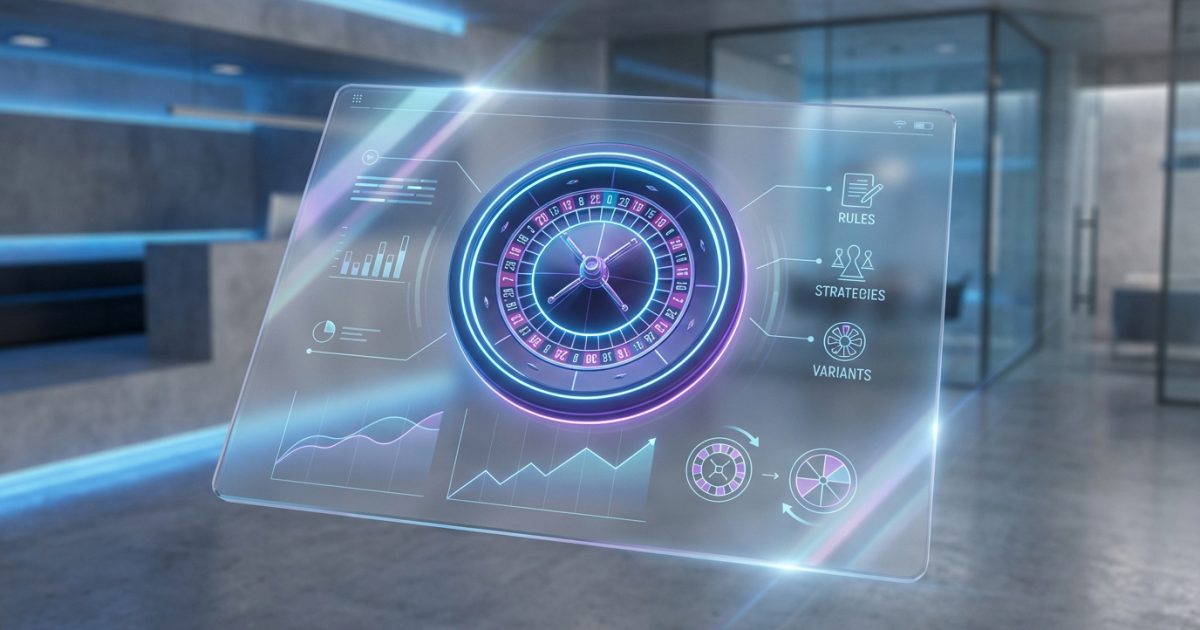 Interface holographique affichant une roue de roulette, des graphiques et les options Règles, Stratégies, Variantes dans un bureau moderne.