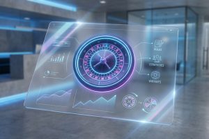 Interface holographique affichant une roue de roulette, des graphiques et les options Règles, Stratégies, Variantes dans un bureau moderne.
