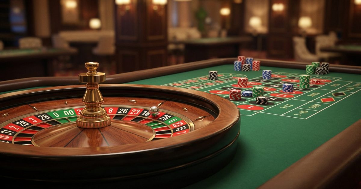 Une roue de roulette en bois et son tapis de jeu vert, avec des jetons colorés. La bille est sur le numéro 26 rouge.