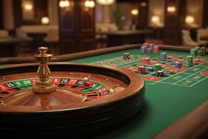 Une roue de roulette en bois et son tapis de jeu vert, avec des jetons colorés. La bille est sur le numéro 26 rouge.