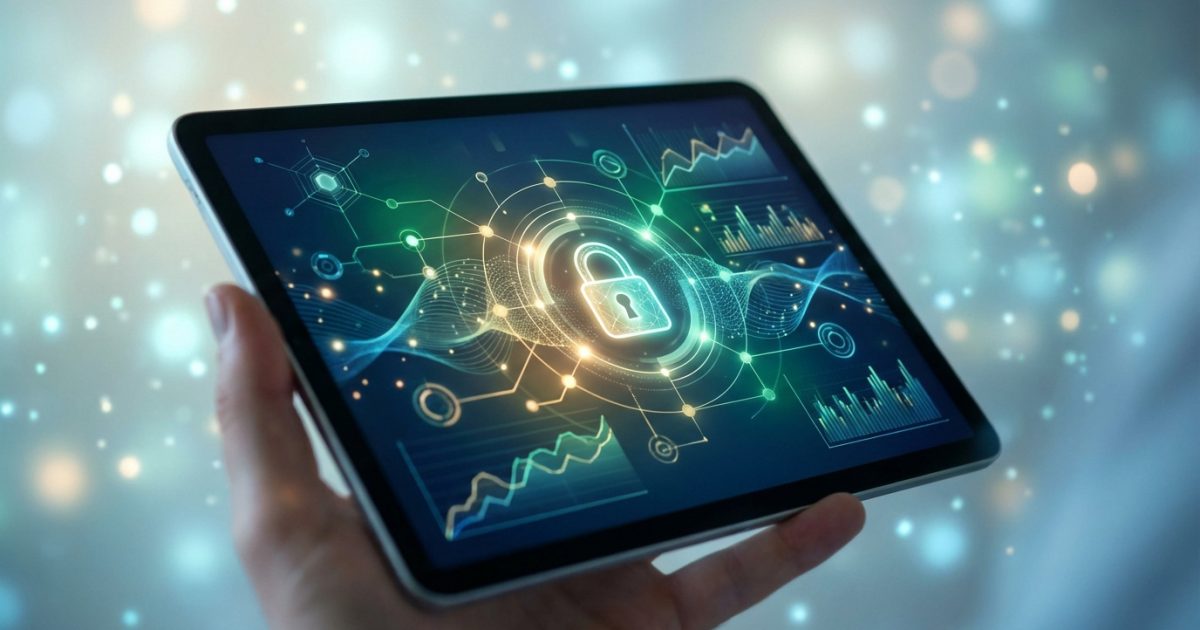Main tenant une tablette avec un cadenas lumineux et des graphiques symbolisant la sécurité et la fiabilité en ligne.