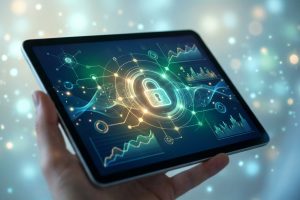 Main tenant une tablette avec un cadenas lumineux et des graphiques symbolisant la sécurité et la fiabilité en ligne.
