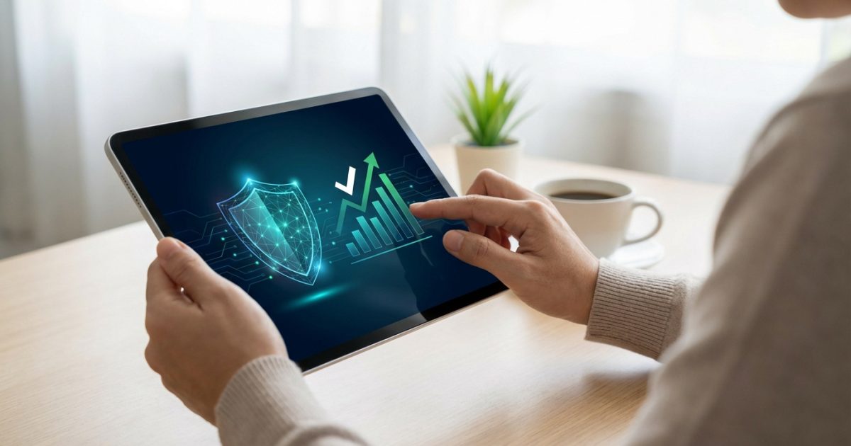 Mains tenant une tablette affichant un bouclier de sécurité et un graphique ascendant, symbolisant fiabilité et performance.
