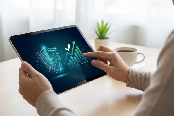 Mains tenant une tablette affichant un bouclier de sécurité et un graphique ascendant, symbolisant fiabilité et performance.