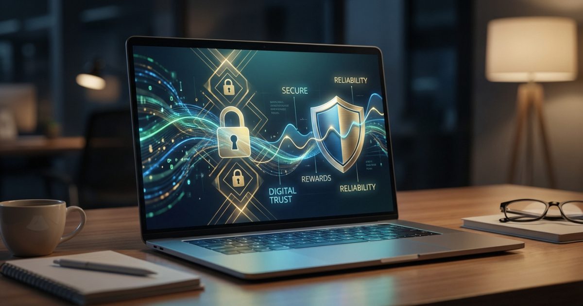 Ordinateur portable affichant des symboles de sécurité (cadenas, bouclier) et concepts de fiabilité, confiance numérique et récompenses.