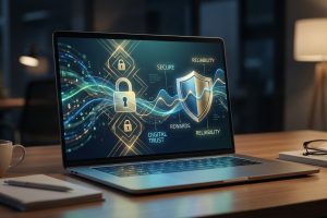 Ordinateur portable affichant des symboles de sécurité (cadenas, bouclier) et concepts de fiabilité, confiance numérique et récompenses.