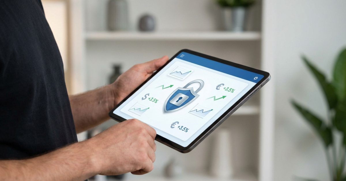 Un homme tient une tablette affichant un bouclier de sécurité central, des graphiques de croissance et des gains en dollars et euros.