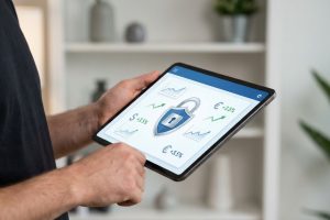 Un homme tient une tablette affichant un bouclier de sécurité central, des graphiques de croissance et des gains en dollars et euros.