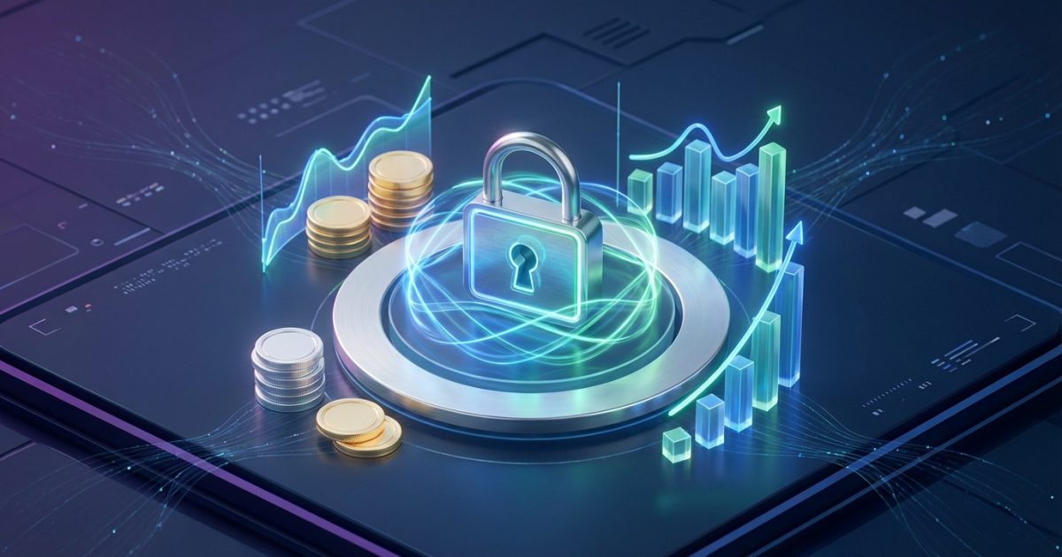 Cadenas métallique lumineux entouré d'anneaux d'énergie, avec des graphiques boursiers et des piles de pièces sur un fond numérique.