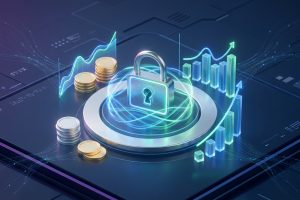 Cadenas métallique lumineux entouré d'anneaux d'énergie, avec des graphiques boursiers et des piles de pièces sur un fond numérique.