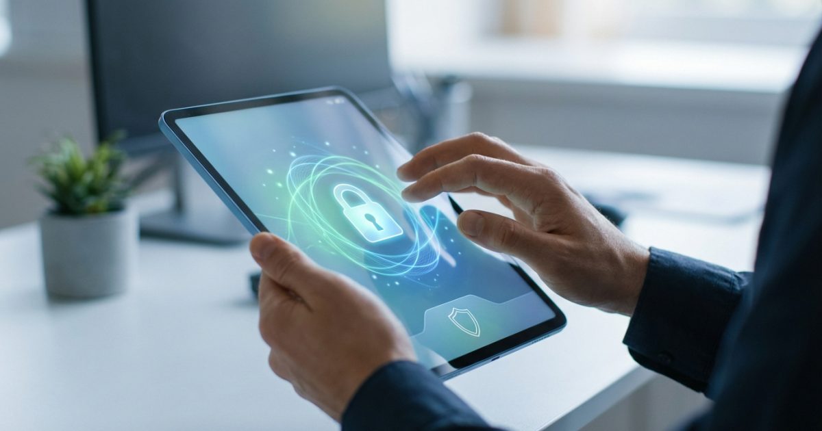 Mains tenant une tablette affichant une icône de cadenas lumineux, symbolisant la sécurité et la protection des données en ligne.