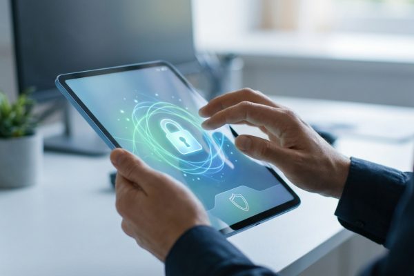 Mains tenant une tablette affichant une icône de cadenas lumineux, symbolisant la sécurité et la protection des données en ligne.