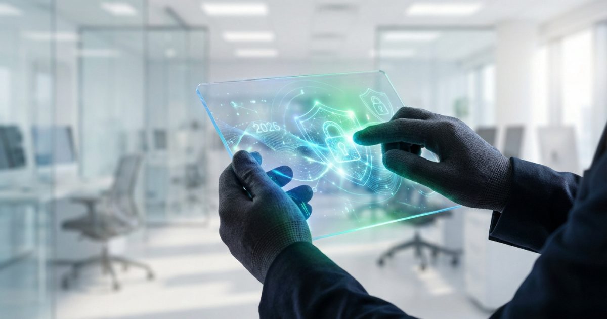 Mains gantées manipulant une tablette holographique affichant un bouclier de sécurité et l'année 2026 dans un bureau moderne.