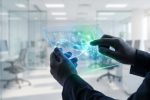 Mains gantées manipulant une tablette holographique affichant un bouclier de sécurité et l'année 2026 dans un bureau moderne.