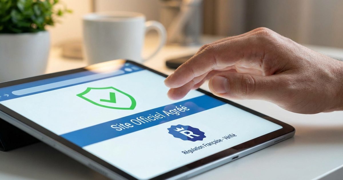 Main touchant une tablette affichant "Site Officiel Agréé" et le logo "Régulation Française - Vérifié" pour les jeux en ligne.
