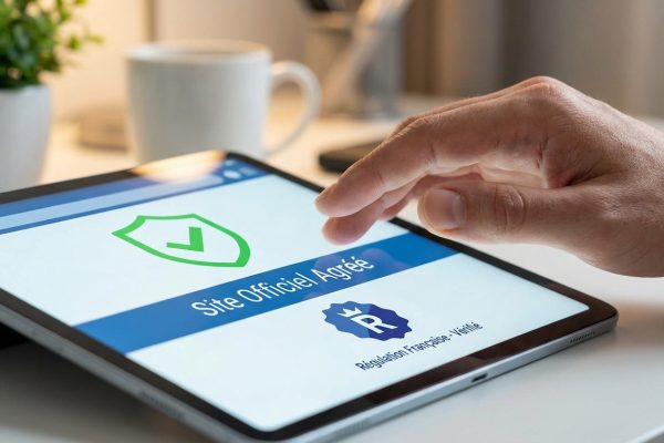 Main touchant une tablette affichant "Site Officiel Agréé" et le logo "Régulation Française - Vérifié" pour les jeux en ligne.