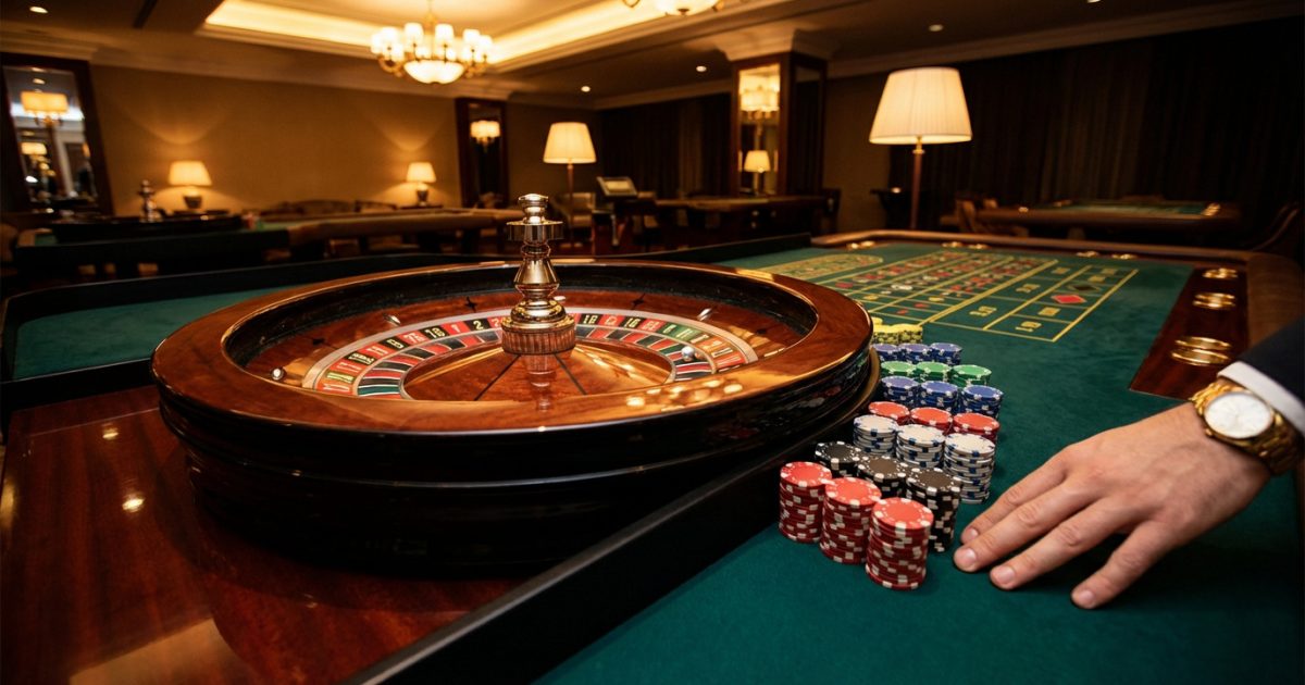 Main d'un joueur, jetons et roue de roulette en bois sur une table verte dans un casino luxueux avec des lumières chaudes.