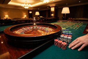 Main d'un joueur, jetons et roue de roulette en bois sur une table verte dans un casino luxueux avec des lumières chaudes.