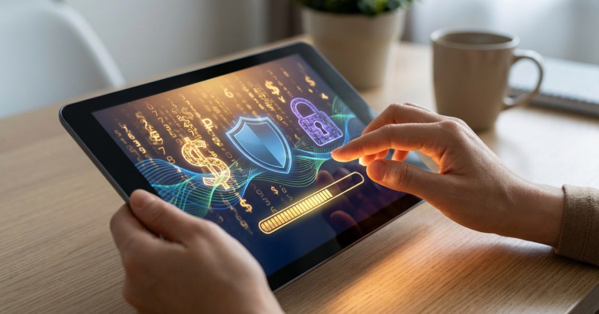 Mains sur tablette affichant bouclier, cadenas, dollar et barre de progression. Symbole de la sécurité numérique des transactions.