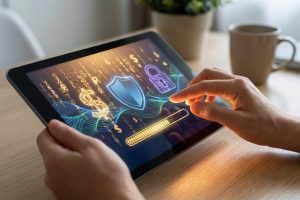 Mains sur tablette affichant bouclier, cadenas, dollar et barre de progression. Symbole de la sécurité numérique des transactions.